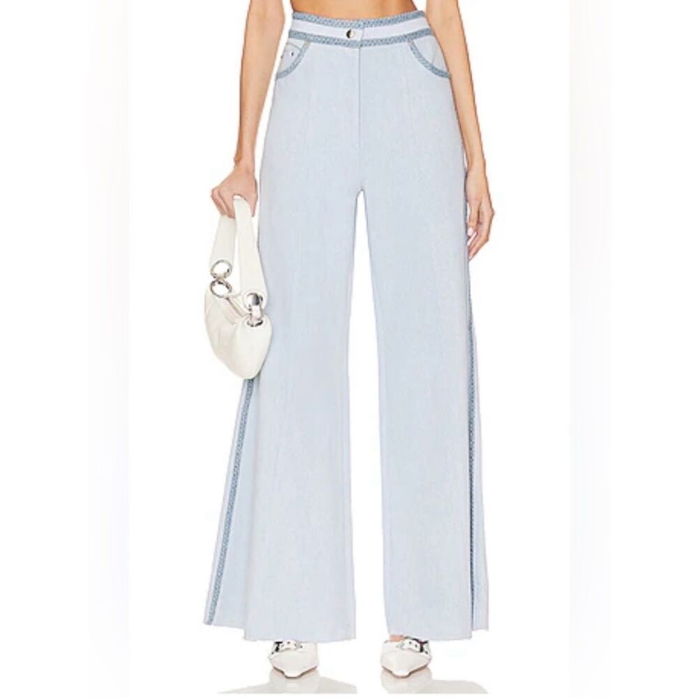 Sabina Musayev Light Wash Wide Leg Jeans Braided Trim High Rise Boho Chic - Picture 3 of 10
